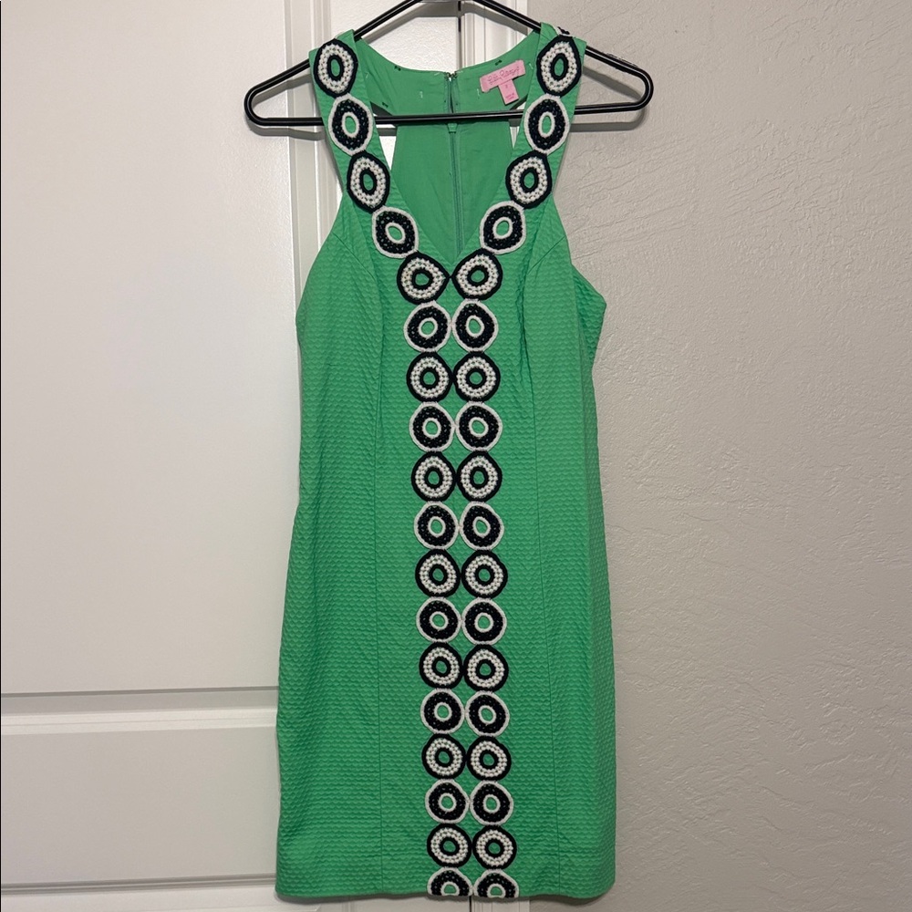 Lilly Pulitzer Green Dress with Navy and White Embroidery